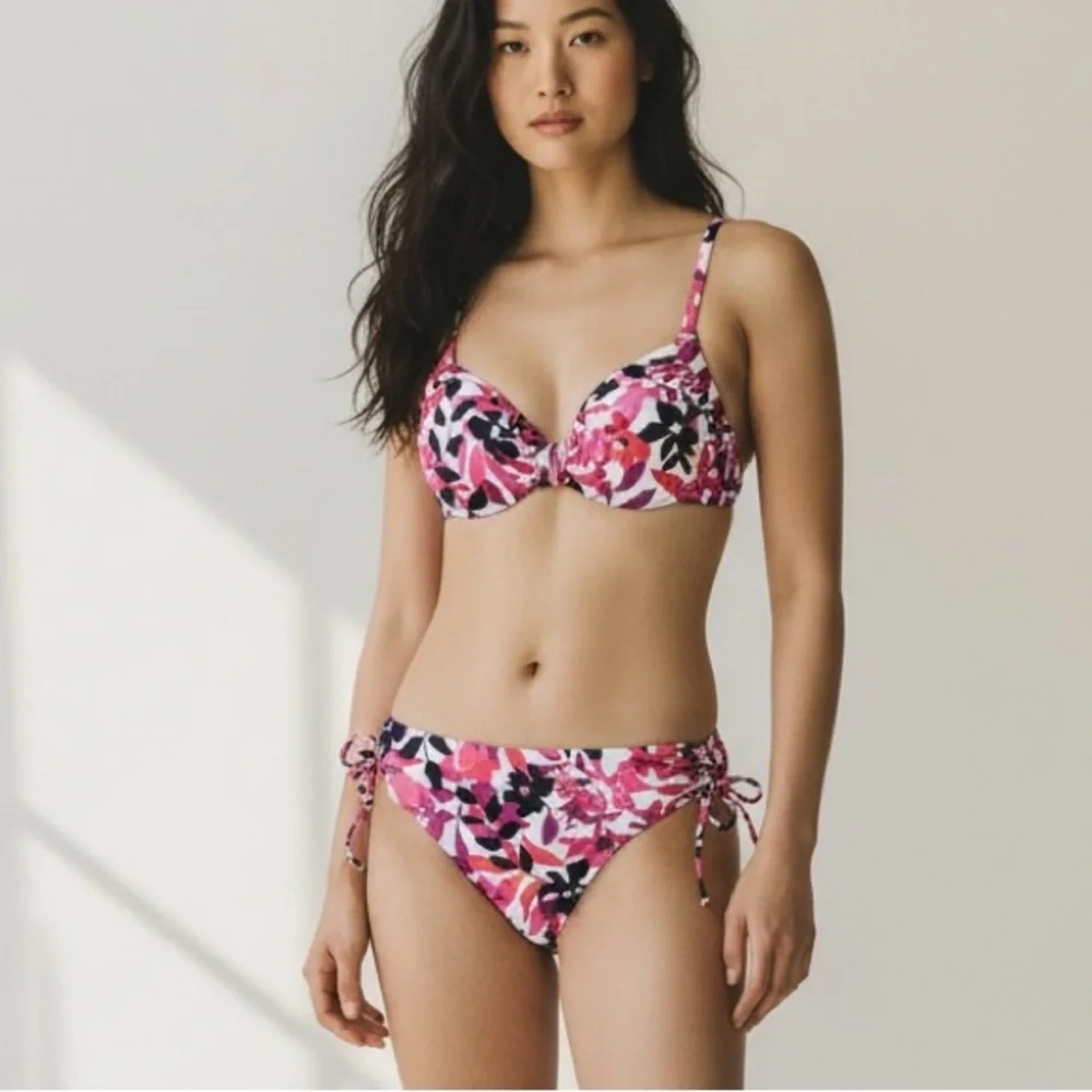 LANDS’ END | Women’s Floral Adjustable Gathered Front-Tie Ruched-Sides Bikini S
